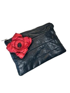 Black Leather Clutch with Red Flower Appliqué Accent